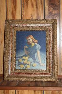 lot 128 image: Vintage Framed Portrait of Woman with Yellow Roses