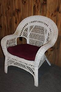 lot 136 image: White Wicker Armchair with Red Cushion