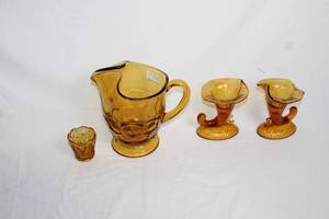 lot 13 image: Set of Vintage Amber Glass Pitcher with Vases and Decorative Piece