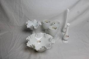lot 26 image: Set of Fenton Milk Glass Hobnail Vases and Bowls