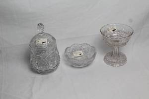 lot 36 image: Set of 3 Antique Pressed Glass Pieces Imperial Bowl, Covered Jar, Compote