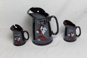 lot 43 image: Set of 3 Matching Ceramic Pitchers with Red Rooster Design