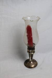 lot 49 image: Sterling Candlestick with Glass Shade and Red Candle
