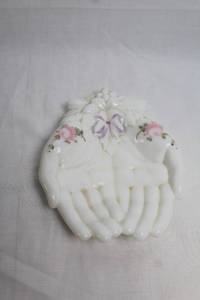 lot 61 image: Vintage Westmoreland Milk Glass Dish with Victorian Hands and Floral Design