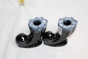 lot 157 image: Pair of Vintage Blue and Black Ceramic Candle Holders
