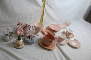 lot 183 image: Collection of Vintage Pink Porcelain Teacups, Saucers, and Decorative Items