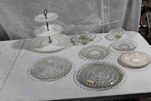 lot 211 image: Vintage Glassware Collection Including 3-Tiered Serving Tray and Platters
