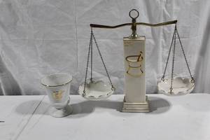 lot A-212 image: Vintage Apothecary Balance Scale with Porcelain Bowls and Gold Accents