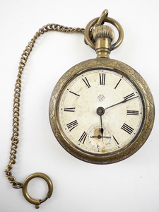 lot 23 image: Mens Trademark ornate style with sub second dial brass Mechanical Pocket Watch. Not working