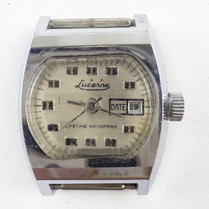 lot 25 image: unisex Lucerne  lifetime mainspring television style case with date function Silver Tone base metal Mechanical Watch. Not Working