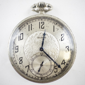 lot 49 image: Mens Elgin Silver art deco style pocket watch with engraving Mechanical Pocket Watch. Not working