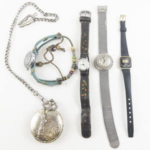 lot 64 image: Group of 5  Timex, Medley, Base Metal Quartz Analog Watches & Pocket Watch. not working