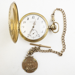 lot 75 image: Mens Henry Bockstruck Engraved Case White Dial gold filled Mechanical Pocket Watch with Chain & Medallion . Starts when wound
