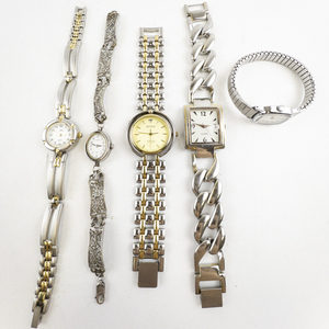 lot 93 image: Ladys Group of 5  Silver Tone Base Metal Quartz Analog watches. new batteries