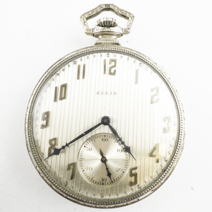 lot 105 image: Mens Elgin Silver toned ornate pocket watch with striped dial Silver Tone Base Metal Mechanical Pocket Watch. Does not run