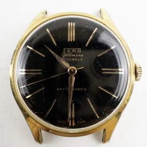 lot 107 image: Mens Fero Black Dial Gold Tone Base Metal Mechanical Watch. Starts when wound