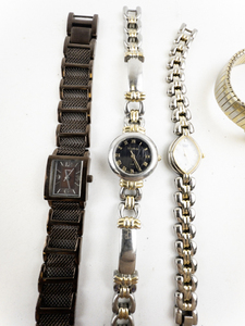 lot 150 image: Ladys Group of 4  Fossil, Buchkosky, Citizen, & Timex Silver & Gold Tone Base Metal Quartz Analog watches. New Batteries Installed