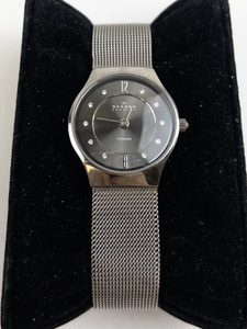 lot 172 image: Ladys Skagen gunmetal with rhinestone dial markers gray tone titanium Quartz Analog watch. new battery