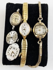 lot 219 image: Ladys Group of 5 containing Hamilton, Elgin, Benrus, Lucien Piccard,  and Helbros Silver & Gold Tone Mechanical Watches. Starts when wound.