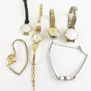 lot 224 image: Ladys Group of 6  containing mix of styles such as wittnauer, westclox(mechanical), Acqua, carriage, troica and pulsar mixed base metal Quartz Analog Watches. New batteries Installed