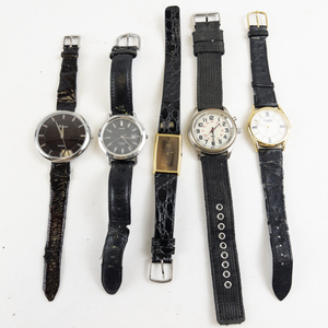 lot 225 image: Mens Group of 5  contianing mix of styles such as caravelle, jaz, timex, unknown and geneva mixed base metal Quartz Analog Watches. New batteries Installed