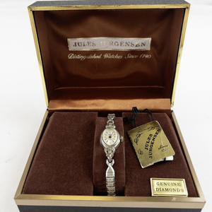 lot 66 image: Ladys Jules Jrgensen Art Deco Style 17 Jewels Genuine Diamond Accented stainless steel Mechanical Watch. In Original Box. Not Working