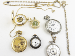 lot 237 image: Group of 6  Gold & Silver Tone Pocket Watches & Chains.. not working