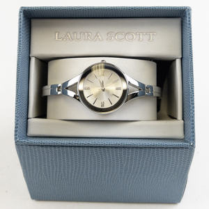 lot 239 image: Laura Scott Beautiful stainless steel and base metal Quartz Analog watch. New Battery Like New with Original Box.
