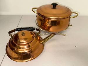 lot 5D image: Copper Tea Kettle and Pot with Warming Stand Set