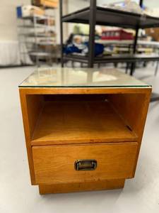 lot 21D image: Mid-Century Wooden End Table with Glass Top and Drawer