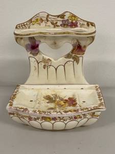 lot 6H image: Antique Porcelain Wall-Mounted SpongeSoap Holder with Floral Design