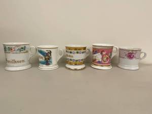 lot 7H image: Set of 5 Vintage Porcelain Shaving Mugs with Decorative Motifs