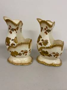 lot 10H image: Pair of Vintage Porcelain Floral or Vanity Vases with Gold Trim