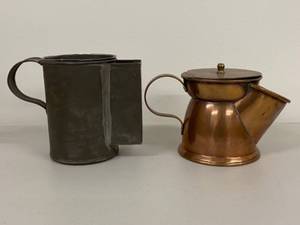 lot 15H image: Vintage Metal 1qt Gal Milk Churner and Copper Tea Kettle Set