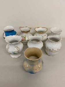 lot 24H image: Set of 8 Vintage Porcelain Miniature Vases with Decorative Designs