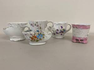 lot 27H image: Set of 4 Vintage Ceramic Shaving Mugs with Floral and Ornate Designs