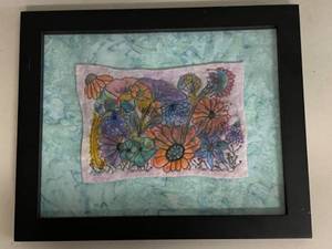lot 51H image: Fantasy Flower #205 Batik Mount Fiber Art with Floral Design in Black Frame