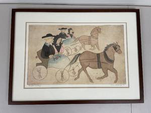 lot 64H image: Amish Folk Courting - Framed Carriage Ride Lithograph by Xtian Newswanger