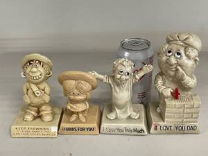 lot 89A image: Assorted Vintage Figurines, Glass Figure, Embroidered Mask & Toy Tractor