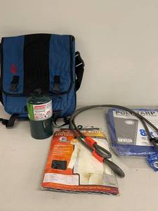 lot 90A image: Camping Essentials Set with Propane Tank, Bag, Cable Lock, Tarp, and Base Layer