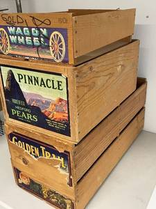 lot 100A image: Set of 3 Vintage Wooden Produce Crates with Colorful Labels