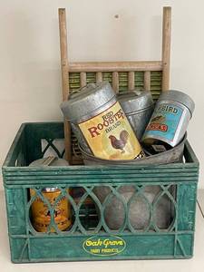 lot 101A image: Vintage Oak Grove Dairy Products Crate with Collectible Tins and Washboard