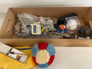 lot 110A image: Assorted Vintage Collectibles Box including Baseball, Antiseptic Tins