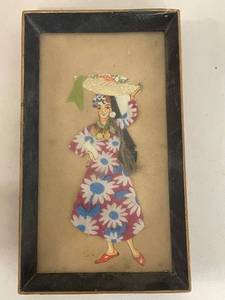 lot 112A image: Framed Vintage Art of Woman and Ornate Wooden Vase