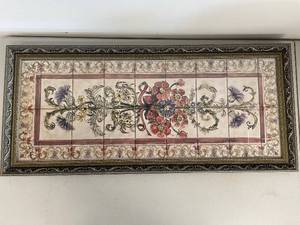 lot 125A image: Hand-Painted Floral Tile Wall Art in Ornate Metal Frame