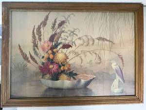 lot 127A image: Vintage Floral and Heron Framed Art Print