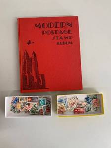 lot 34G image: Modern Postage Stamp Album with About 300 Assorted Stamps Total