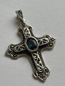 lot 54Y image: Sterling Silver Blue Gemstone Cross Pendant