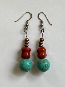lot 68Y image: Sterling Silver Turquoise Bead and Red Stone Earrings