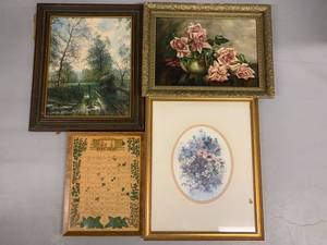 lot 23A image: Framed Art Lot Antique Painting Landscape, Floral Still Life, Vintage Pieces